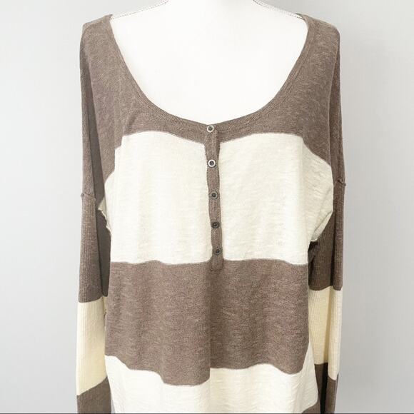 Free People beach gold rush Henley striped brown tunic  linen top medium - Picture 3 of 10